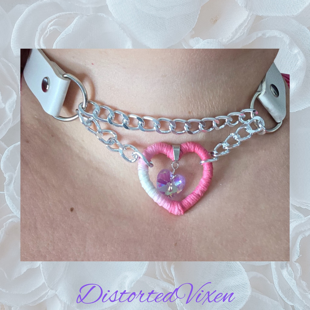 Pink & White Heart Choker Wrapped Fiber Heart with Crystal Charm - Picture 4 of 9